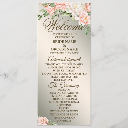 Welkom Bruiloft Party Waterverf Perzik Bloemen Programma (Voorkant)