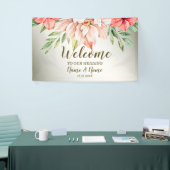Welkom bruiloft Peach Sinaasappel Floral Rustic Spandoek (Beurs)