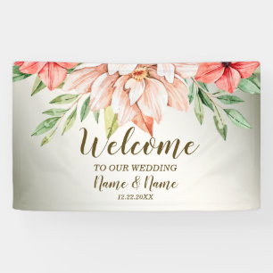 Welkom bruiloft Peach Sinaasappel Floral Rustic Spandoek