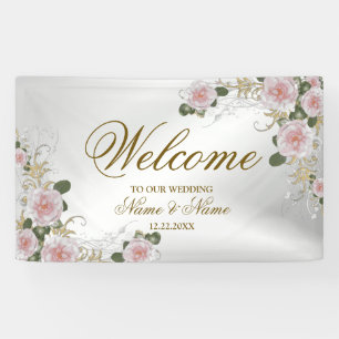 Welkom bruiloft Pink Floral Silver Elegant Spandoek