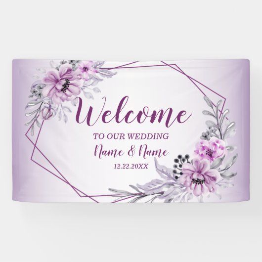 Welkom bruiloft Pink Floral Violet Paars Spandoek (Horizontaal)