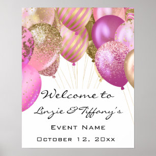 Welkom Bruiloft Poster Roze Gouden Ballons Wit