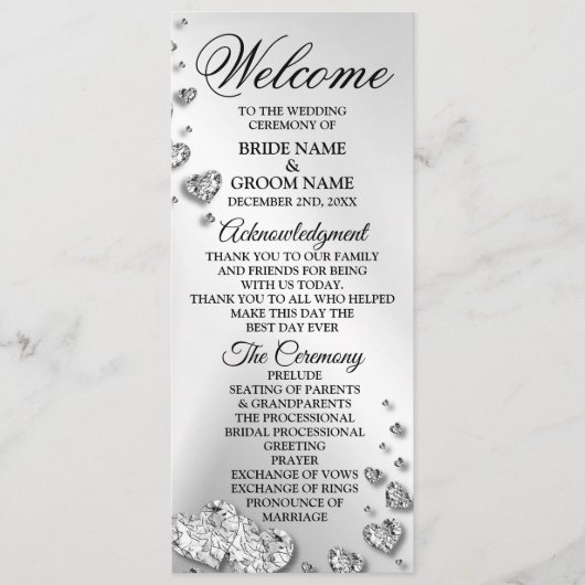 Welkom bruiloft Silver Hearts Grey Elegant Rustic Programma (Voorkant)