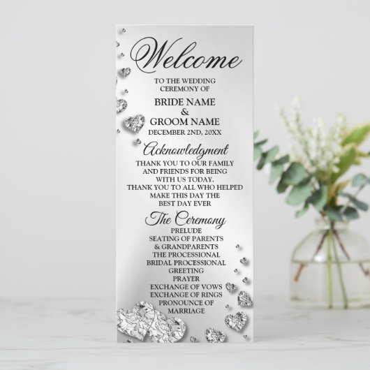 Welkom bruiloft Silver Hearts Grey Elegant Rustic Programma (Staand voorkant)