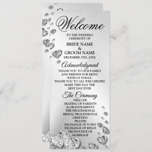 Welkom bruiloft Silver Hearts Grey Elegant Rustic Programma (Voorkant / Achterkant)