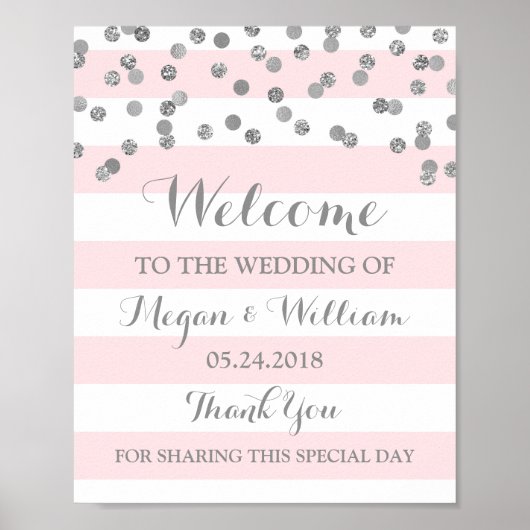 Welkom bruiloft Teken Roze Stripe Silver Confetti Poster (Voorkant)
