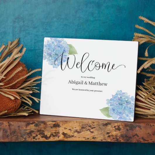 Welkom bruiloft Waterverf Blue Hydrangea Fotoplaat (Zijkant)