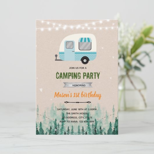 Welkom camper, themauitnodiging kaart (Staand voorkant)