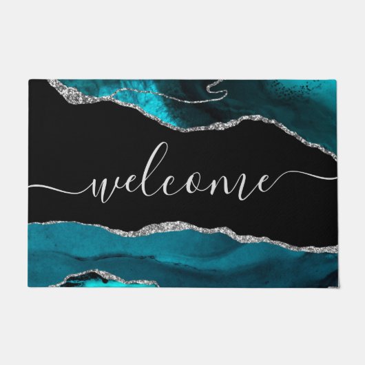 Welkom Chic Blauwgroen Agate Silver Glitter Script Deurmat (Voorkant)
