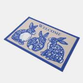 Welkom Chinoiserie Rabbit Blue Bunny Delft Deurmat (Schuin)