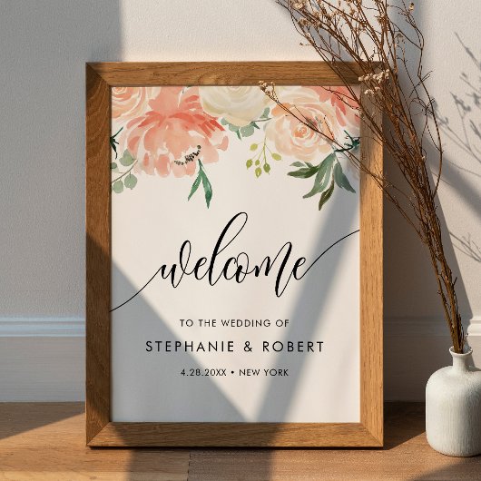 Welkom CORA Peach Floral Wedding Poster