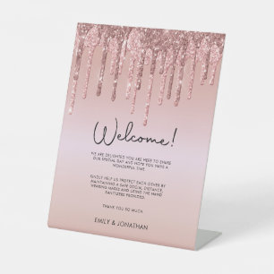 Welkom COVID Safety Wedding Roos Gold Glitter Reclamebord Met Voetstuk