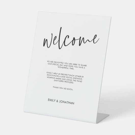 Welkom COVID Veiligheid Handgeschreven Zwart Scrip Reclamebord Met Voetstuk (Voorkant)