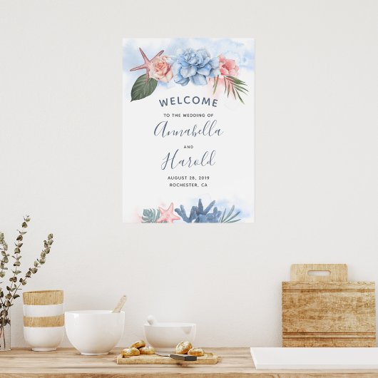 Welkom Dusty Blue en Blush Beach Weddenschap Poster (Keuken)