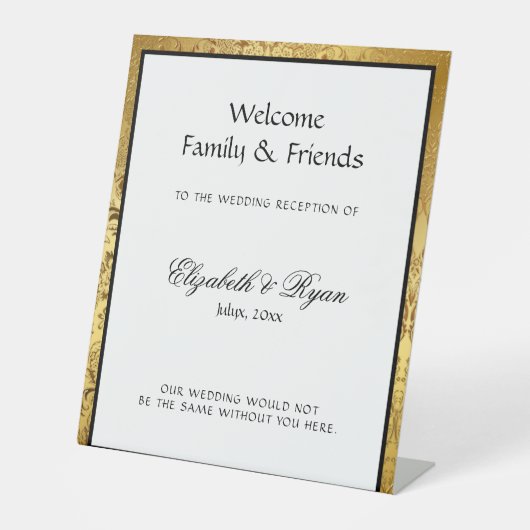 Welkom Elegant Gold Damask Wedding Reclamebord Met Voetstuk (Voorkant)