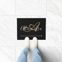 Welkom Elegant Monogram Black Gold Script Name Deurmat