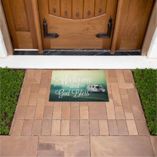 Welkom en God zegene Camper Deurmat 18" x 24"
