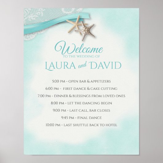 Welkom en tijdlijnteken voor Starfish Beach Wedden Poster (Voorkant)