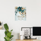 Welkom Feest Turquoise Witte Bloem Gouden Bladeren Poster (Thuiskantoor)