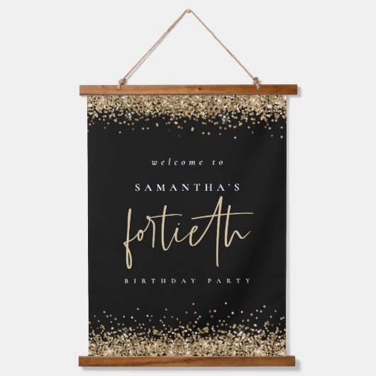 Welkom Fortieth Gold Glitter Name Black Hangend Wandkleed (Voorkant)