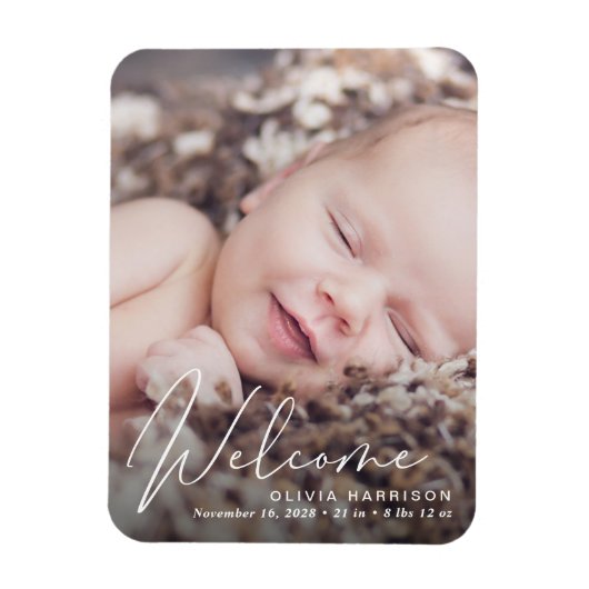 Welkom Foto White Script Birth Notice Magneet (Verticaal)