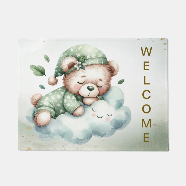 Welkom Green Boho Sleeping Teddy Bear Schattige Deurmat (Voorkant)