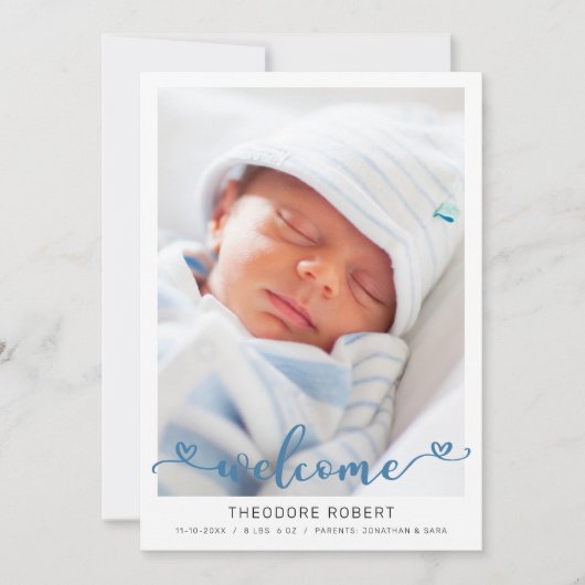 Welkom Hart Typografie Baby Jongen Foto Aankondiging (Voorkant)