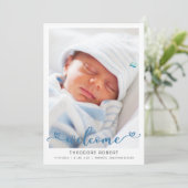 Welkom Hart Typografie Baby Jongen Foto Aankondiging (Staand voorkant)