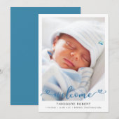 Welkom Hart Typografie Baby Jongen Foto Aankondiging (Voorkant / Achterkant)