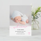 Welkom, hartfoto roze, baby geboorte aankondiging (Staand voorkant)