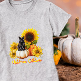 Welkom Herfst Zwarte Kat Zonnebloemen Pompoenen T-shirt