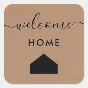 Welkom Home Label, Realtor Client Gift Label, Kraf Vierkante Sticker