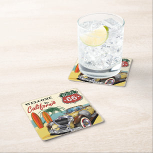 "Welkom in Californië" Route 66 retro poster, Vierkante Kartonnen Onderzetter