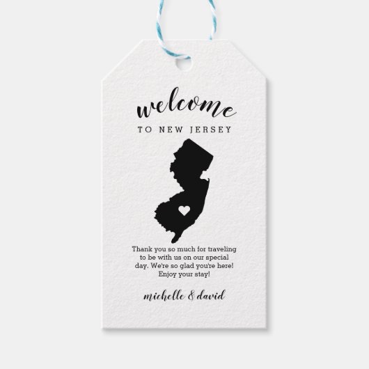 Welkom in New Jersey | Kalligrafie bruiloft Cadeaulabel (Voorkant)