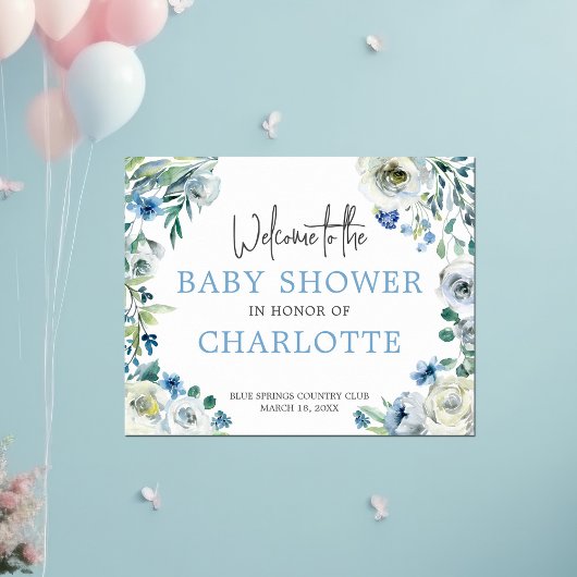 Welkom in ons Baby shower Elegant Blue Floral Poster