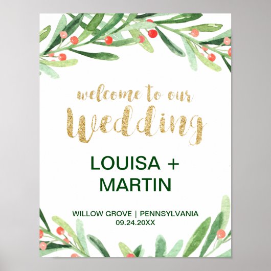 Welkom kerstfeest Holly Wreath Wedding Poster (Voorkant)