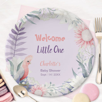 Welkom Kleine Eén Lavendel Bloemige Baby Shower Papieren Bordje