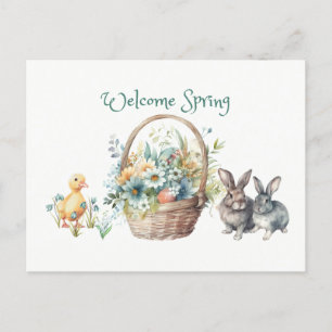 Welkom lente bloemen mand, konijntjes, eendje briefkaart