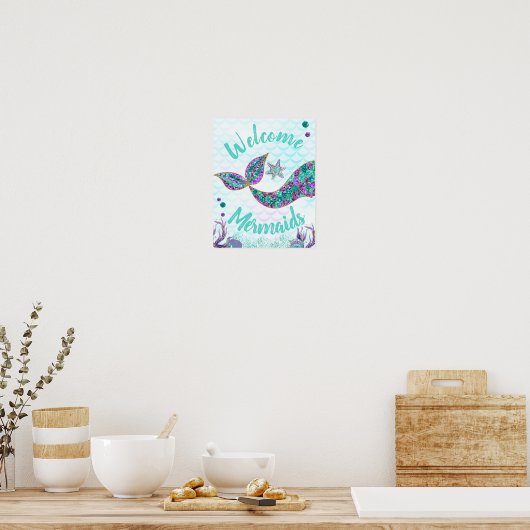 Welkom Mermaids, Mermaid Birthday Sign, Wall art Poster (Keuken)