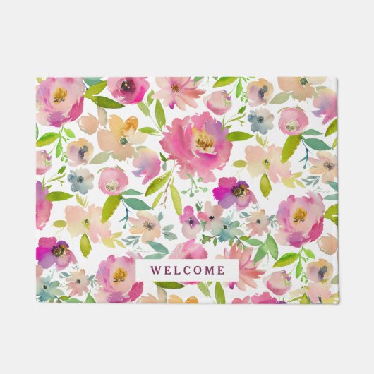 Welkom Mint Blush Roze Waterverf Bloemenpatroon Deurmat (Voorkant)