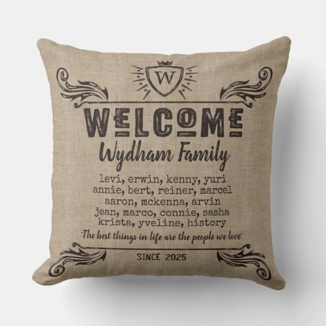 Welkom Monogram Rustic Logo Typografie Burlap Kussen (Voorkant)