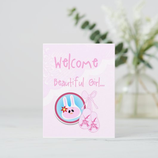 Welkom Mooi Meisje Roze op Witte Verjaardag Briefkaart (Staand voorkant)