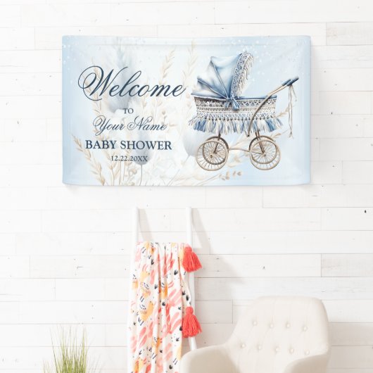 Welkom Mooie Kinderwagen Blauwe Bloemen Mooie Fees Spandoek (Insitu)