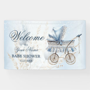 Welkom Mooie Kinderwagen Blauwe Bloemen Mooie Fees Spandoek