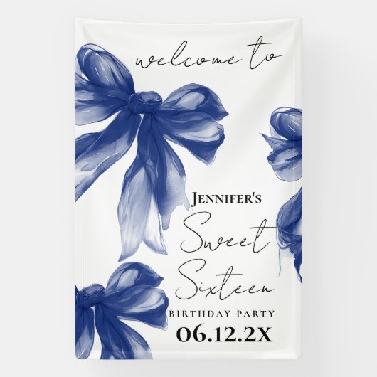 Welkom Navy Bow Coquette Script Sweet 16 Spandoek (Verticaal)