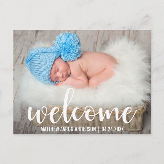 Welkom Nieuwe Baby Modern Wit Script Aankondigingskaart (Voorkant)
