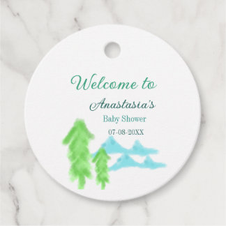 welkom op babyshower naam blauwe groene boom heuve bedankjes labels