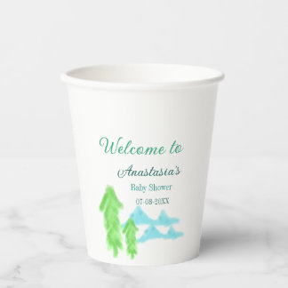 welkom op babyshower naam blauwe groene boom heuve papieren bekers