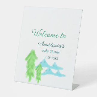 welkom op babyshower naam blauwe groene boom heuve reclamebord met voetstuk