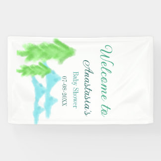 welkom op babyshower naam blauwe groene boom heuve spandoek